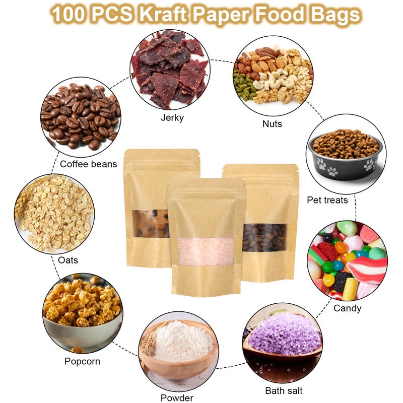 Blisstime Stand Up Pouch, 100 Pack Self-seal Kraft Paper Bags with Matte Window and Tear Notch Resealable Bags for Small Business and Home Use (4.7 X 7.9 Inches) - Image 4